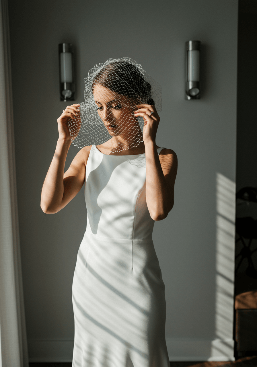 Three-quarter portrait of bride in sleek sheath gown with geometric mesh birdcage veil at golden hour
