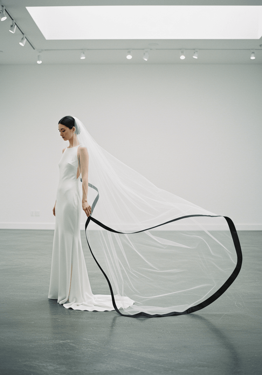 Bride in sleek A-line gown with black-trimmed cathedral veil in white contemporary art gallery with soft morning light
