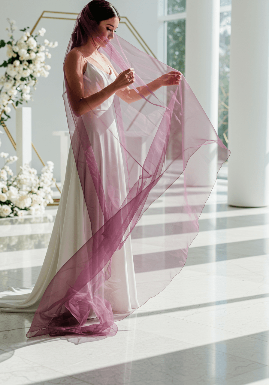 Bride against modern windows adjusting high-fashion ombré veil with plum to blush gradient