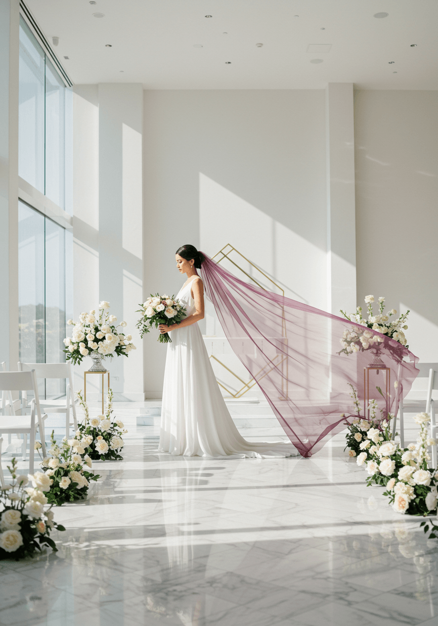 Bride in minimalist A-line gown with dramatic ombré veil transitioning from deep plum to soft blush in modern ceremony space with afternoon light