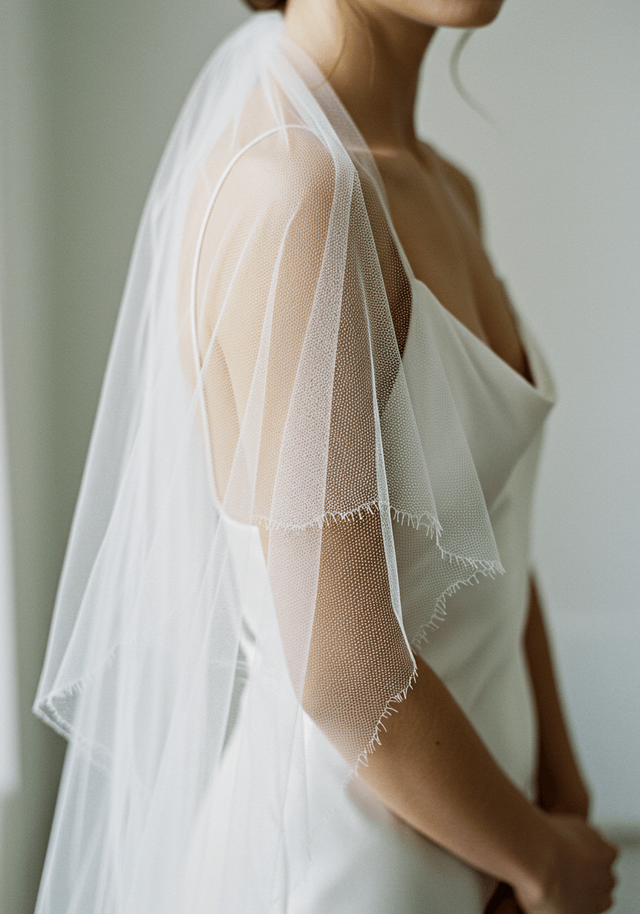 Macro close-up detail of raw edge silk tulle veil cascading over bride's shoulder showing unfinished edge texture