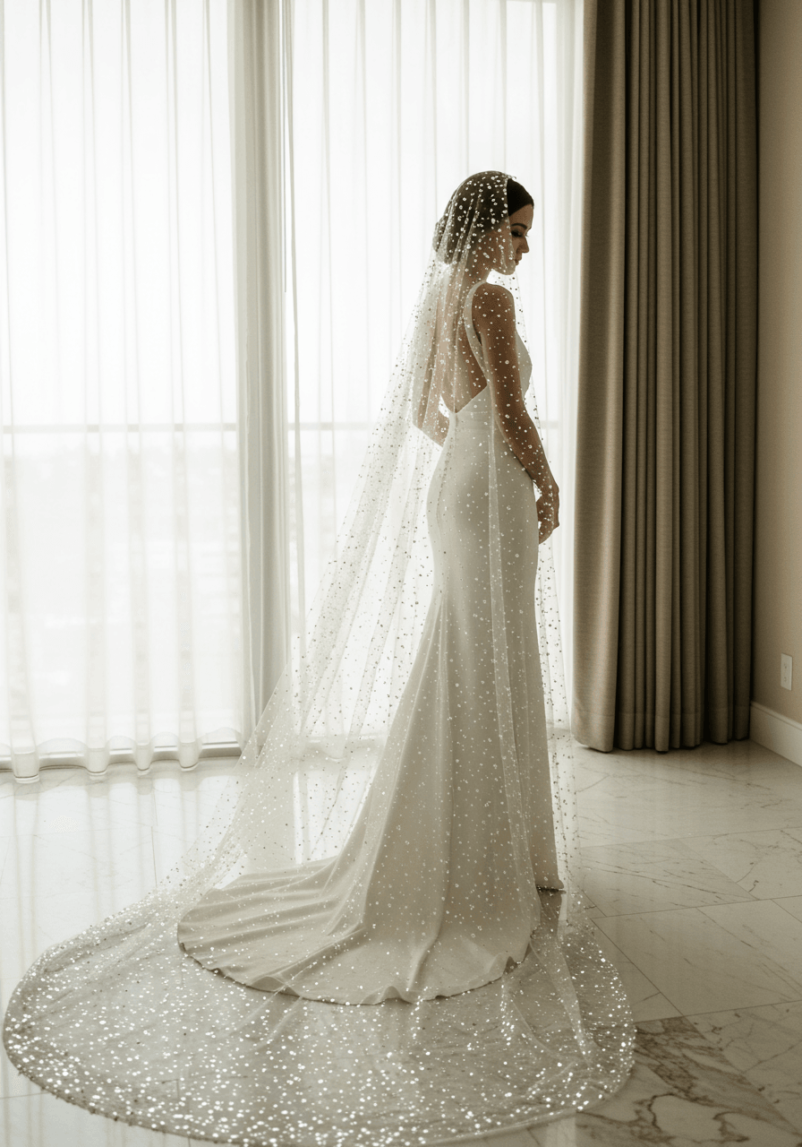 Three-quarter portrait of bride in ivory gown with fully sequined cathedral veil creating starlight effect in golden hour bridal suite