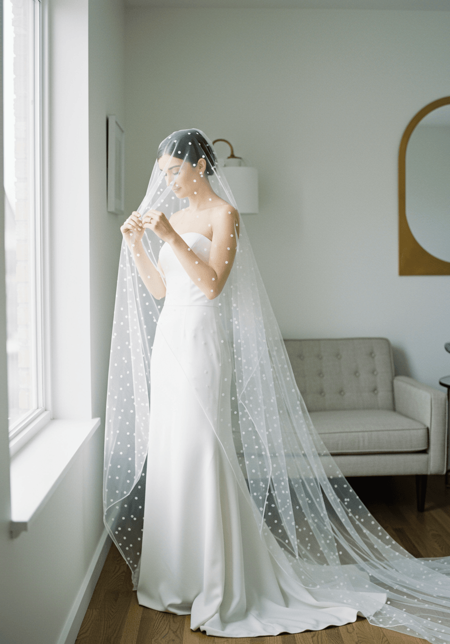 Full-length portrait of bride in sleek wedding gown with intricate Swiss dot veil detailing