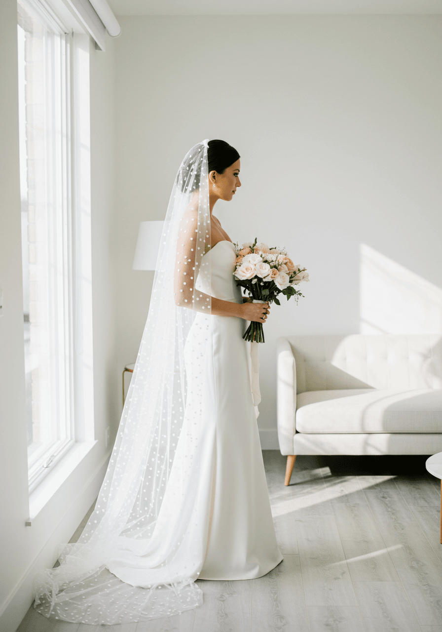 Bride in strapless minimalist gown with Swiss dot cathedral veil by large window in modern bridal suite