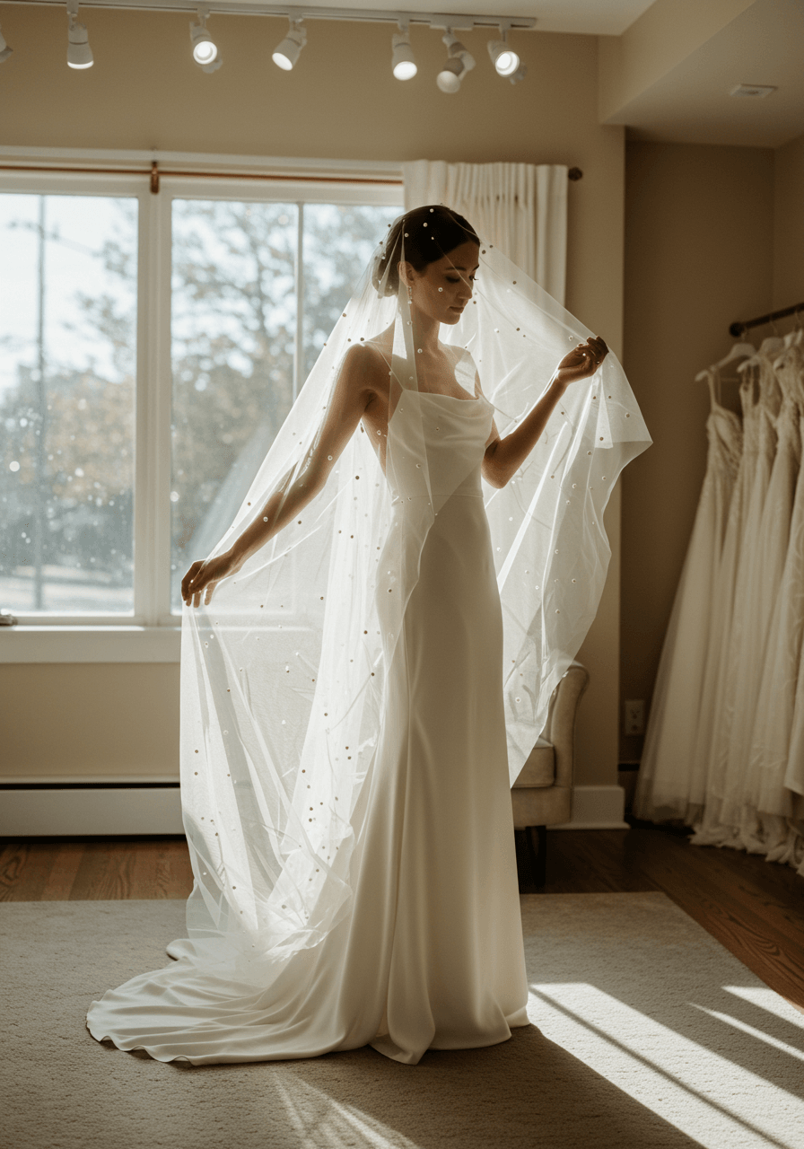Wide shot of bride in modern bridal boutique with cathedral-length pearl embellished veil in afternoon light