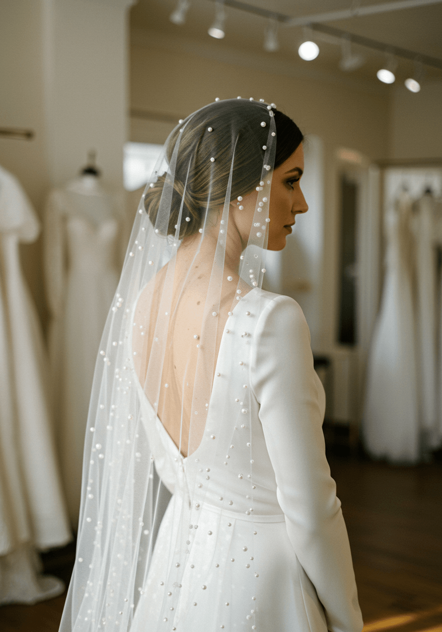 Three-quarter shot of bride in sleek minimalist gown showcasing pearl-adorned veil detail in elegant bridal boutique