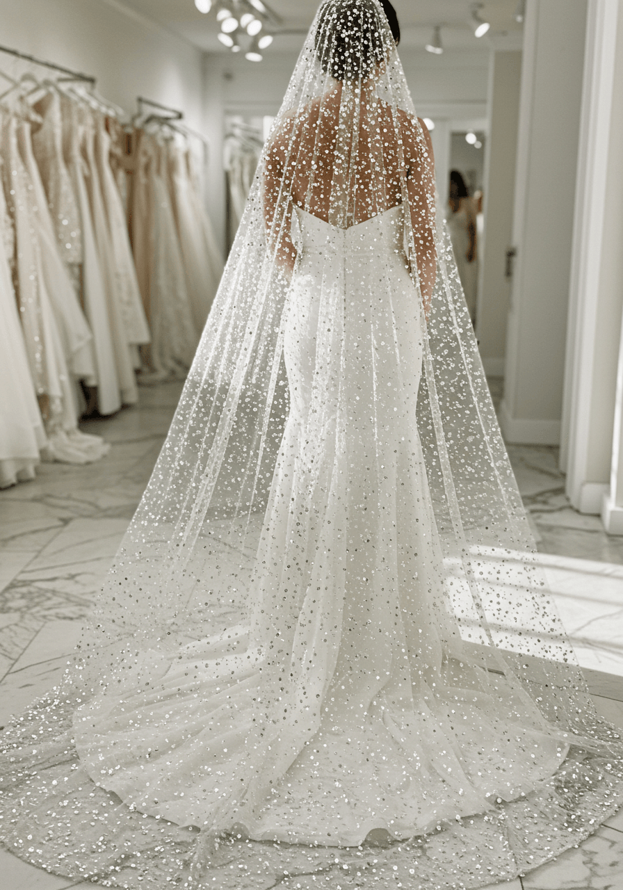 Bride in minimalist white gown with cathedral-length sequined veil catching light in bright modern bridal boutique