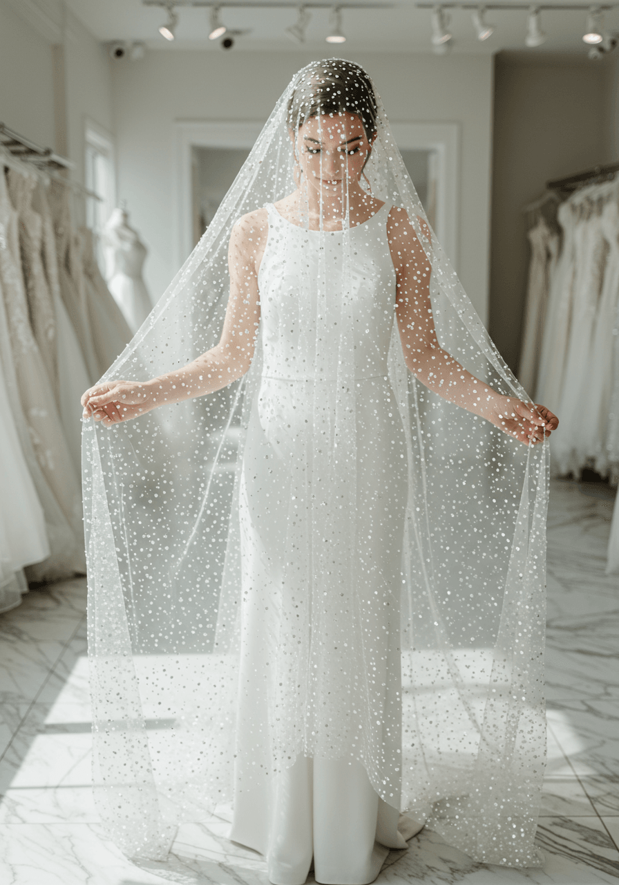 Bride's hand touching all-over sequined cathedral veil with thousands of light-catching crystals on marble floors