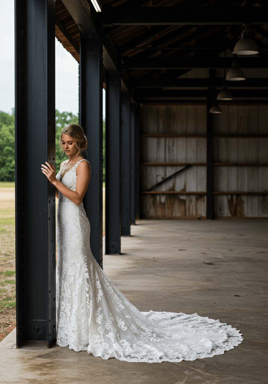 Bride in intricate white lace wedding dress standing against exposed black steel beams in rustic barndominium interior