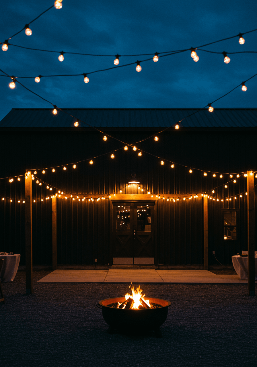 Wide view of string lights and central fire pit setup against black barndominium during evening blue hour