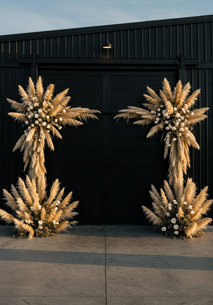 Wide-angle view of black barn doors surrounded by voluminous cream pampas grass creating dramatic entrance