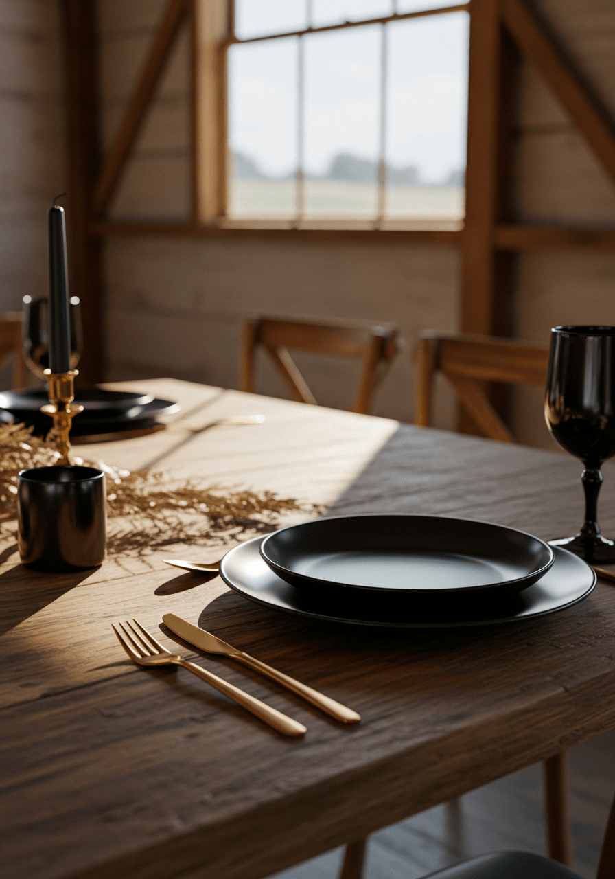 Black onyx stoneware place setting with gold flatware on bare reclaimed wood table in rustic barndominium