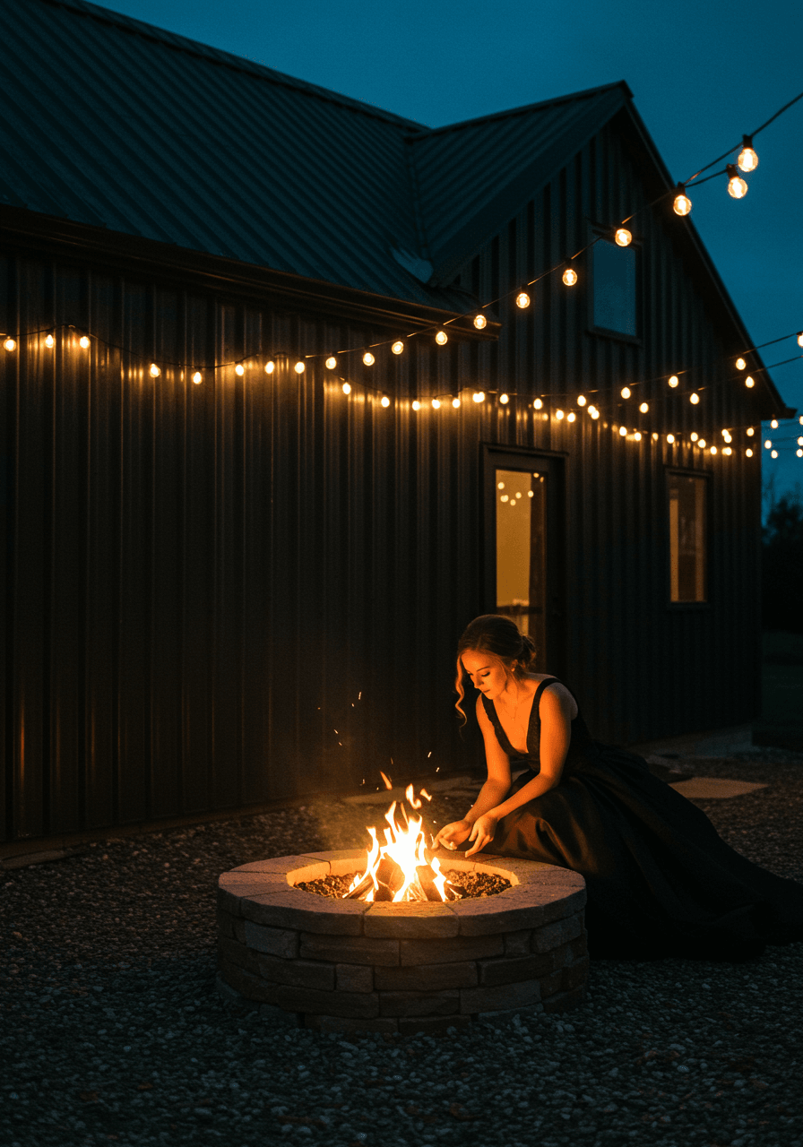 Bride crouching near fire pit flames with string lights creating sparkling patterns on dark barndominium walls