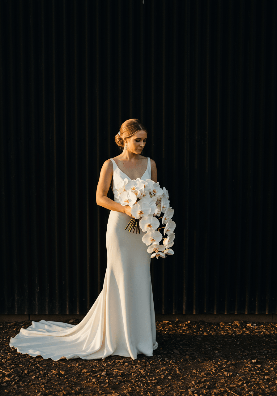 Bride holding cascading white orchid bouquet against dark corrugated metal barndominium walls during golden hour