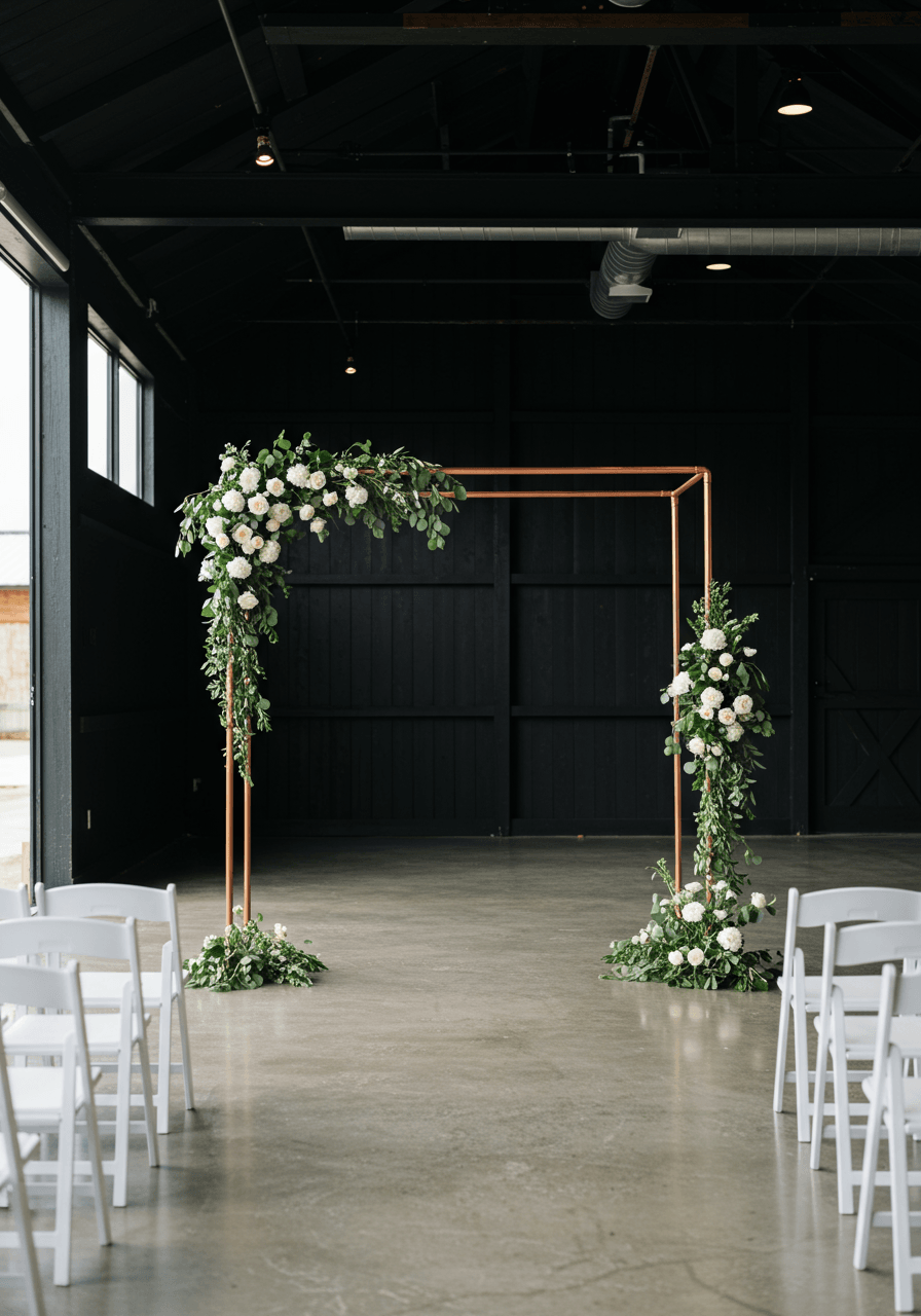 Sleek copper pipe ceremonial arch with white roses and greenery as wedding ceremony backdrop in black barndominium