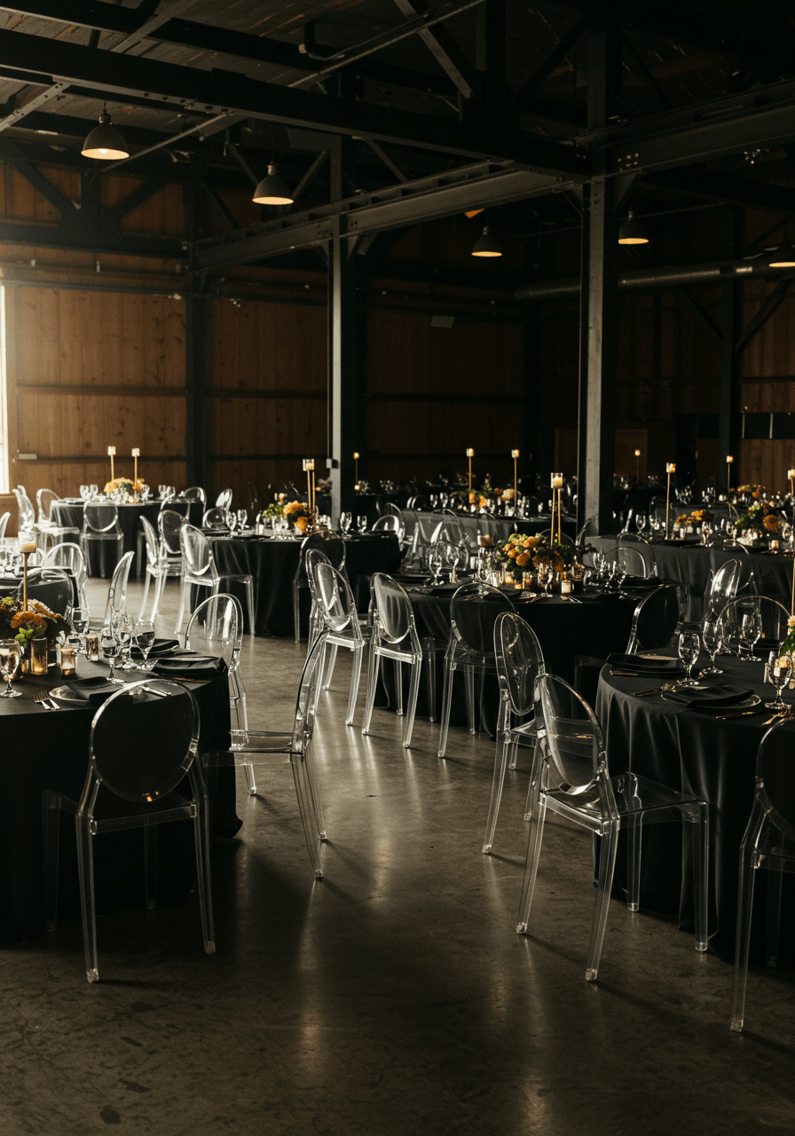 Reception setup with floating ghost chairs creating illusion of levitation in converted barn space