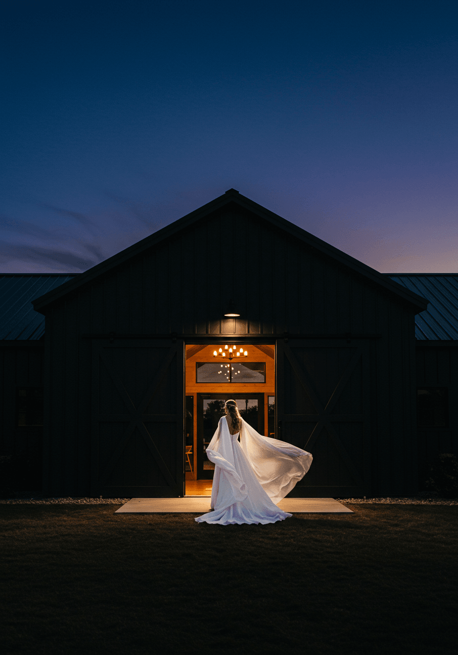 Bride in flowing white cape-sleeved gown standing before black barndominium entrance during twilight blue hour
