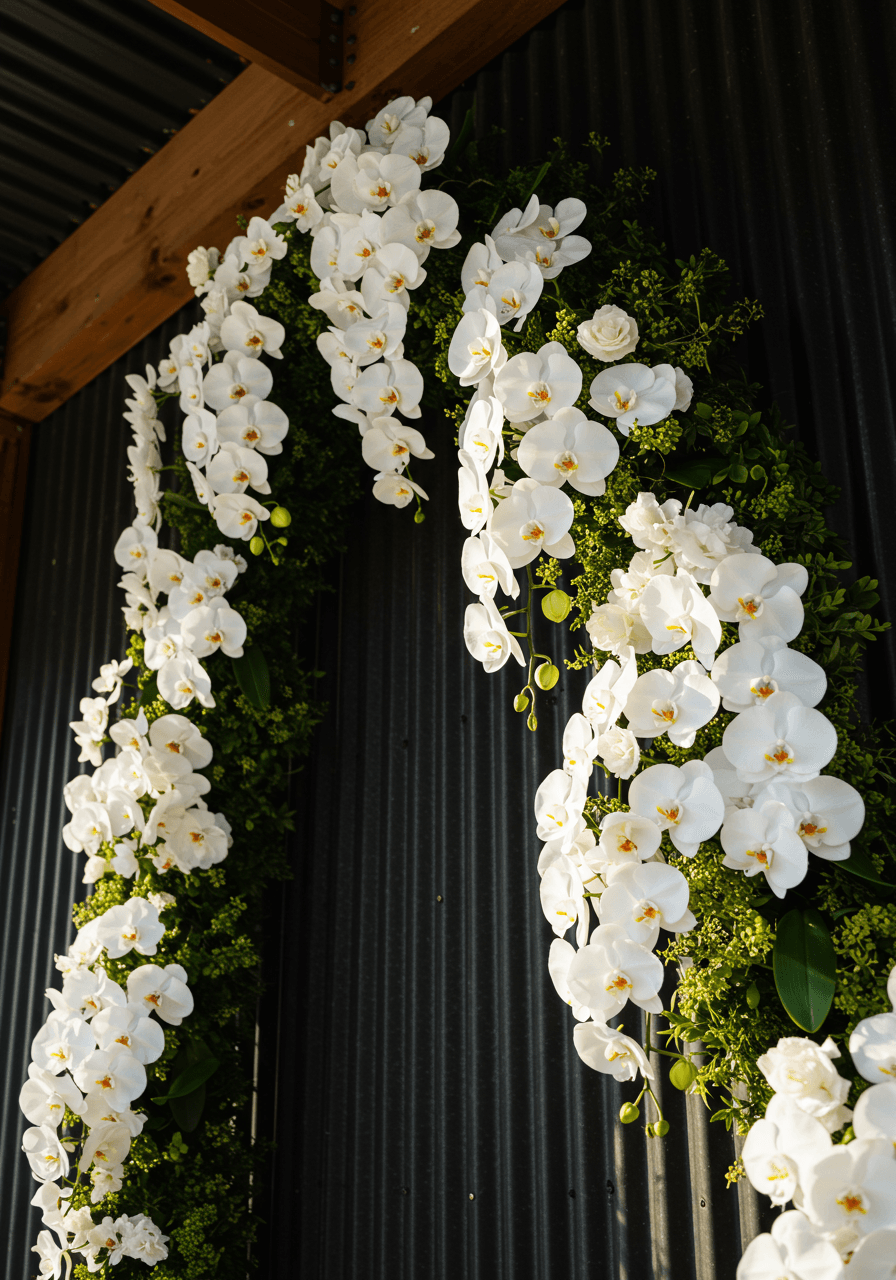 White orchid arrangements cascading down dark corrugated metal barndominium interior walls
