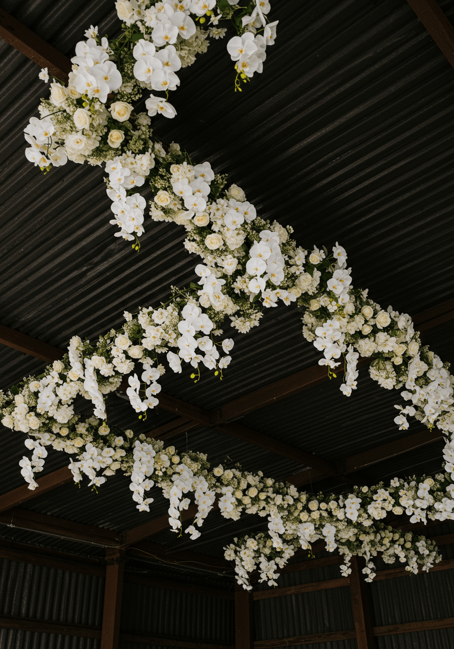 Dramatic white orchid installation flowing down industrial metal walls in converted barn space