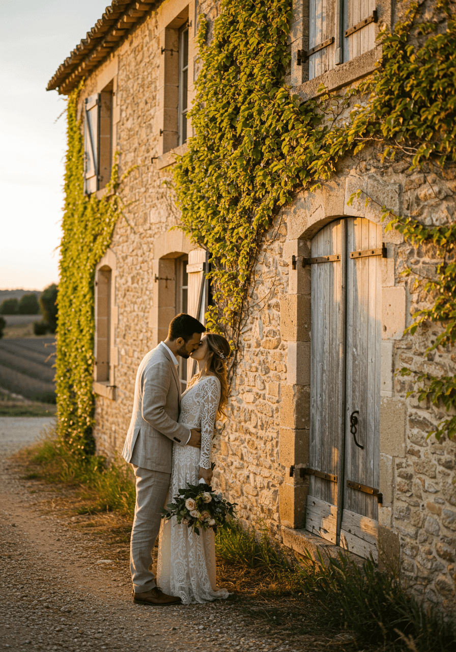 Bride and groom kissing at rustic Provençal stone farmhouse with climbing ivy during golden hour