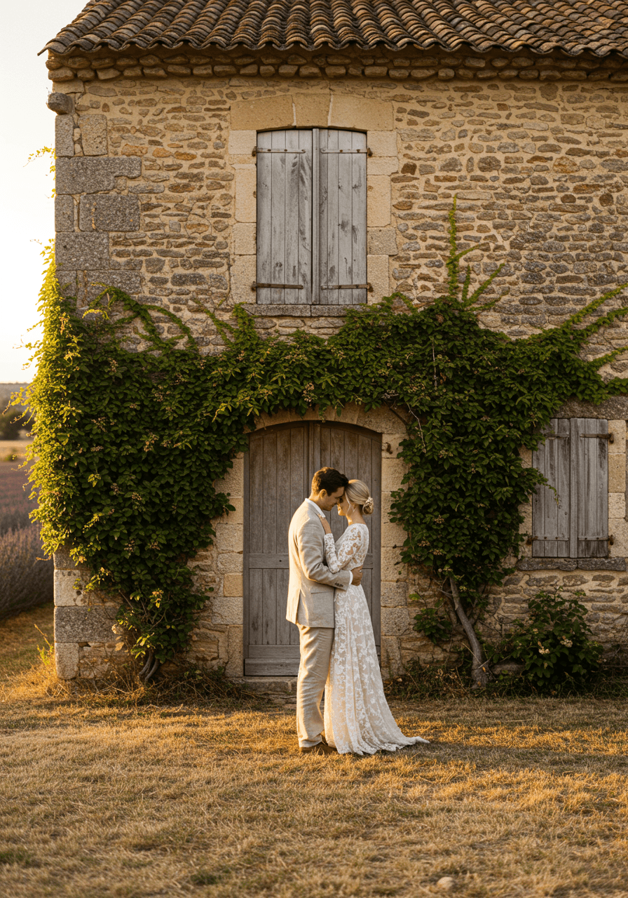 Romantic couple embracing in front of weathered limestone farmhouse with ivy-covered walls and wooden shutters