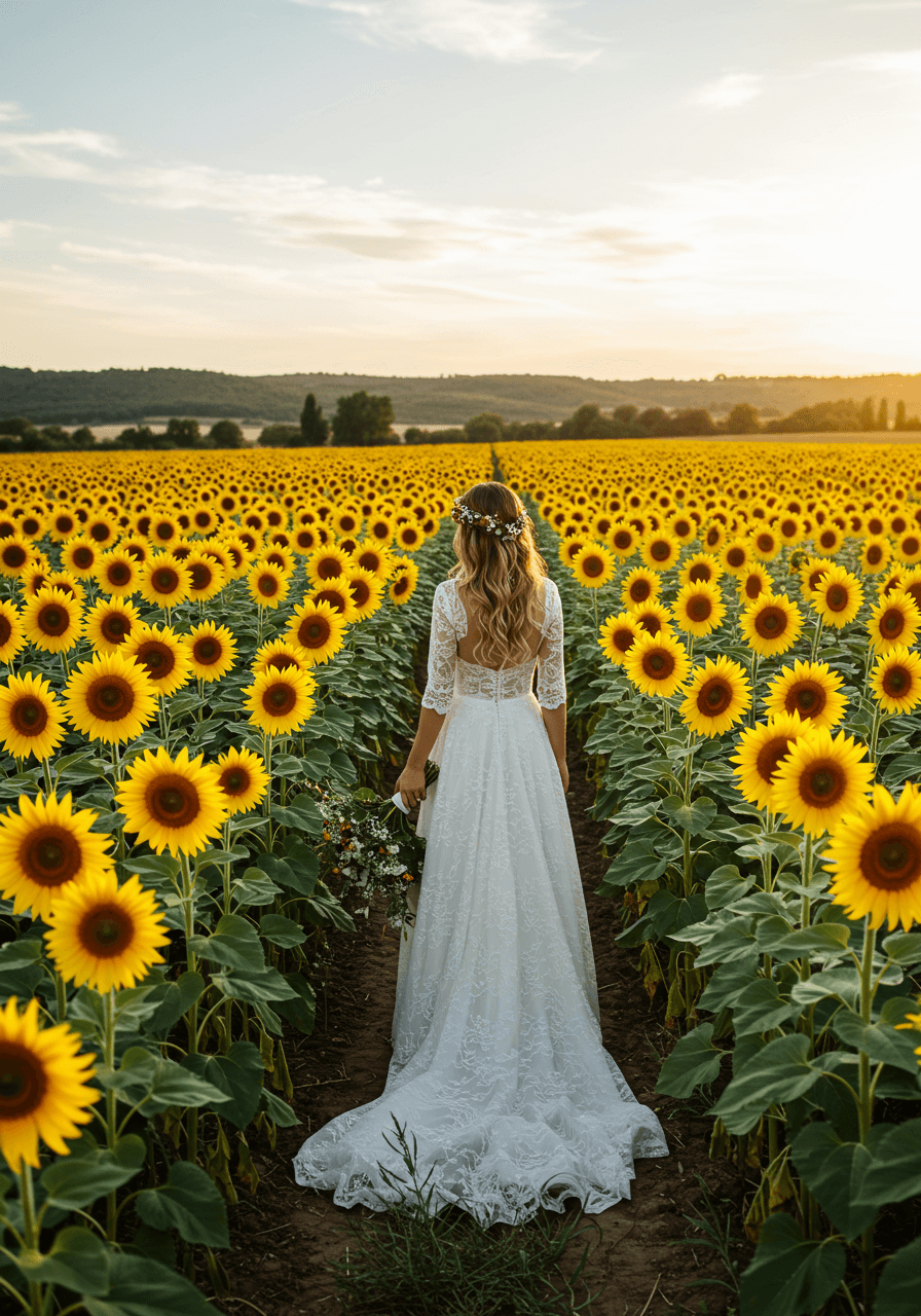 Bohemian bride in flowing lace wedding dress standing in vast Provençal sunflower field during golden hour