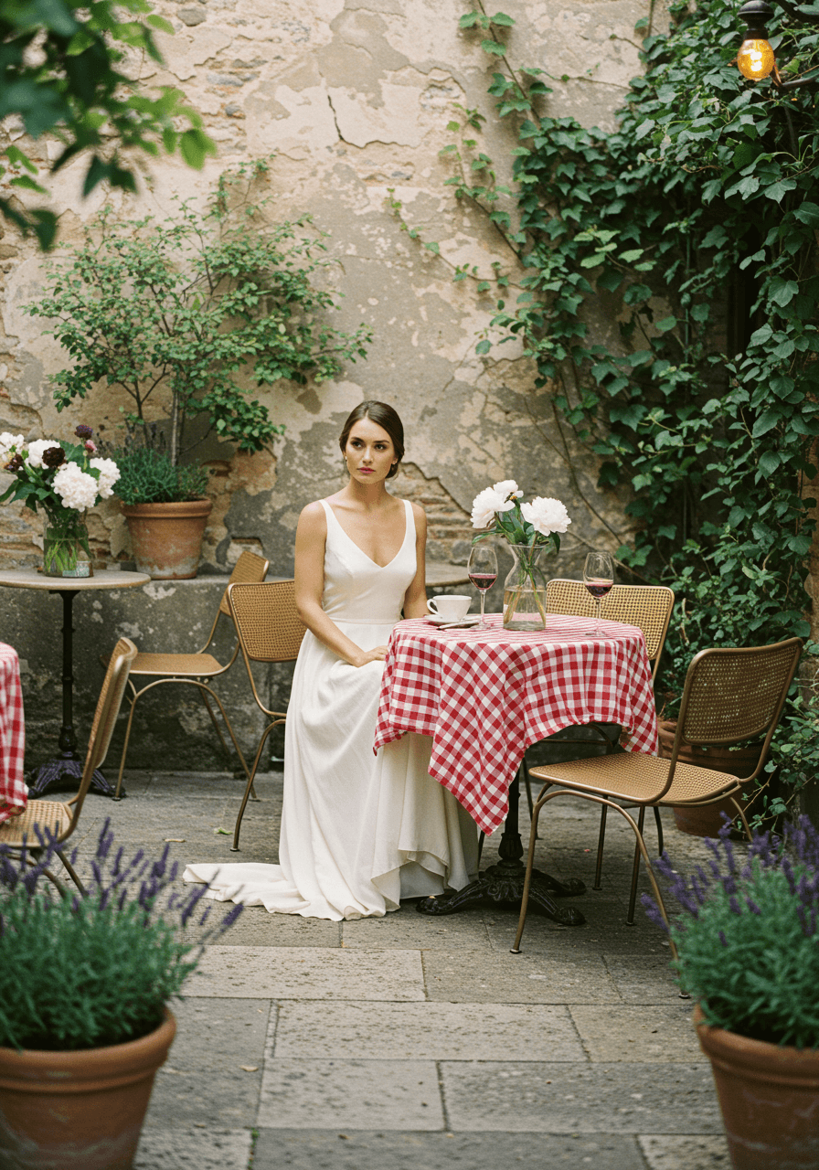 Elegant bride seated at vintage French bistro table with brass chairs and checkered tablecloth on stone patio