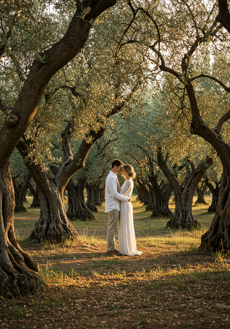 Intimate couple embrace among gnarled olive trees with silver-green leaves and Mediterranean wildflowers