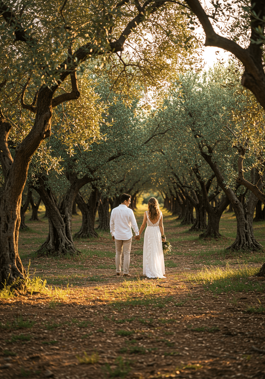 Romantic couple walking hand in hand through ancient olive grove with dappled sunlight and wildflowers
