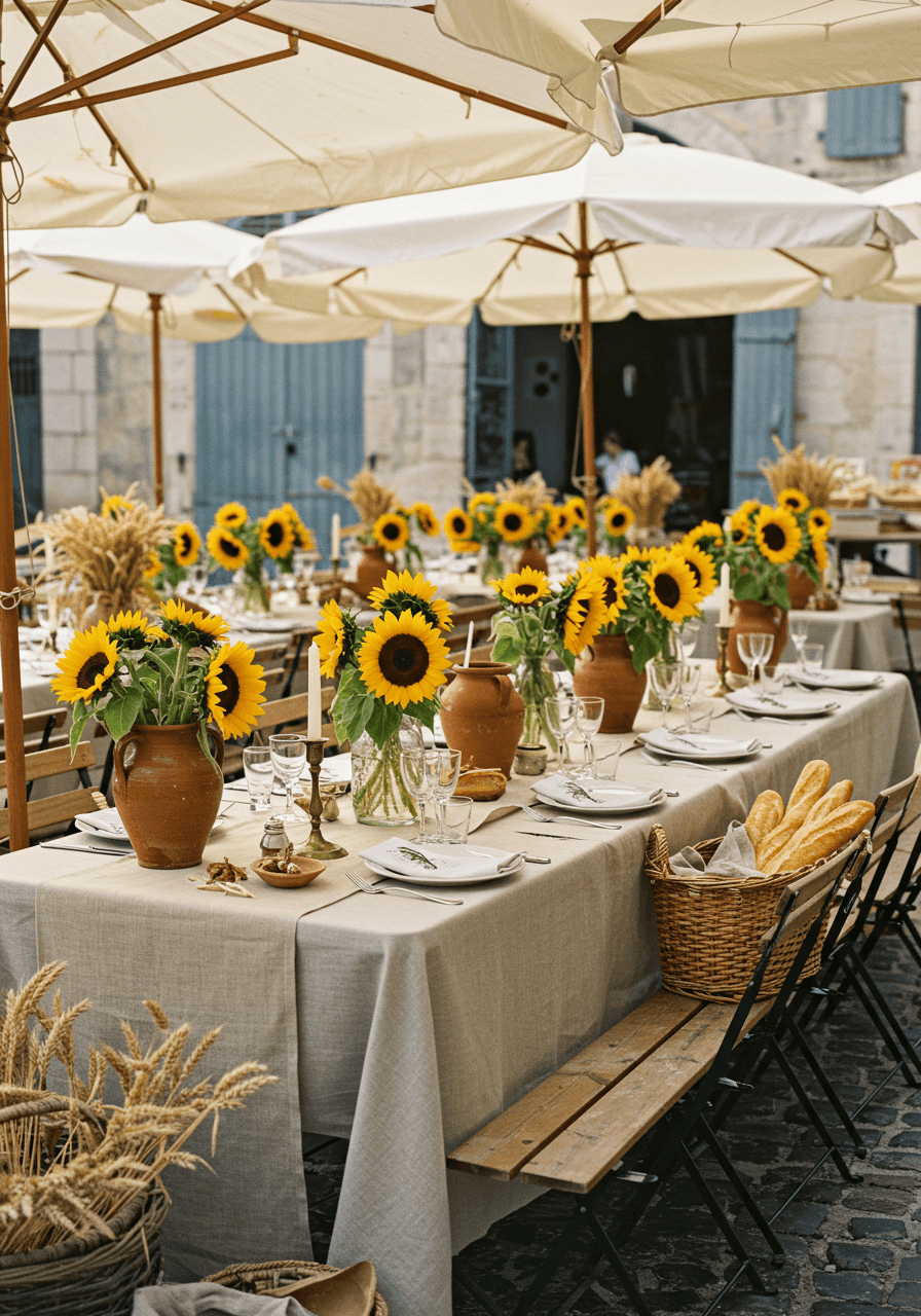 Long farmhouse table with sunflower centerpieces, wheat sheaves, and terracotta pottery in French marketplace setting