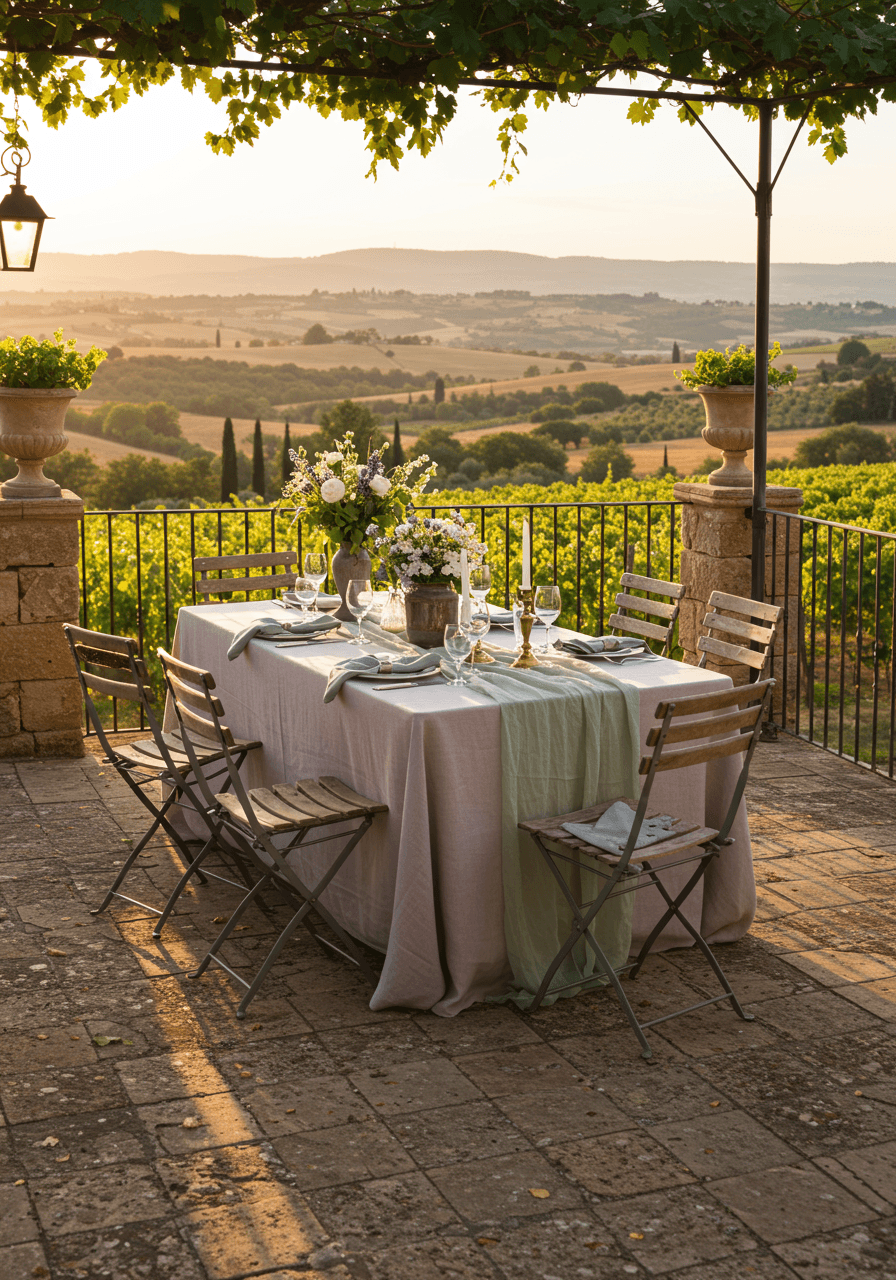 Elegant outdoor dining table with lavender linens on stone terrace overlooking vineyard hills with grape vine canopy