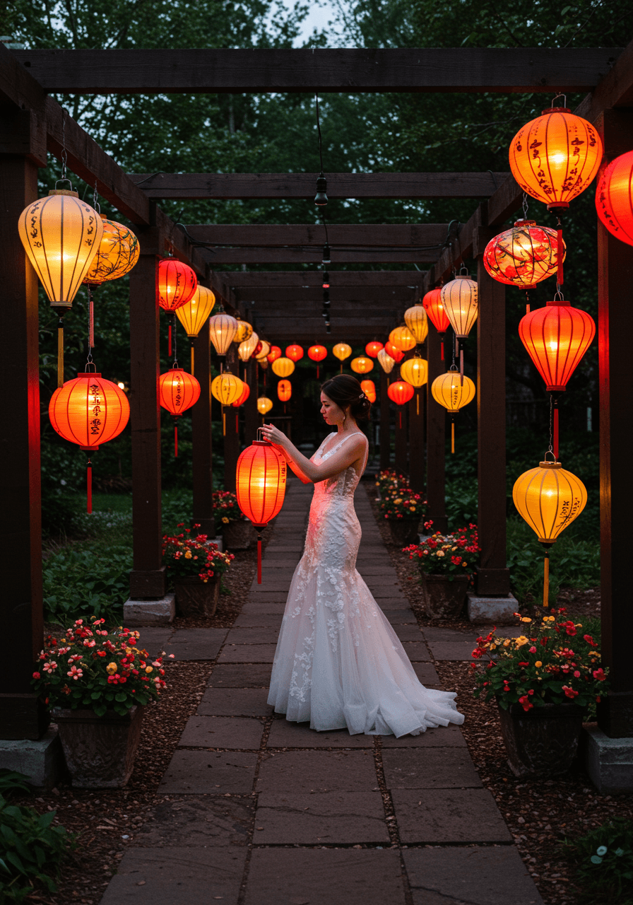 Overhead view of bride among vibrant hanging lanterns in traditional Chinese and Japanese styles during dusk