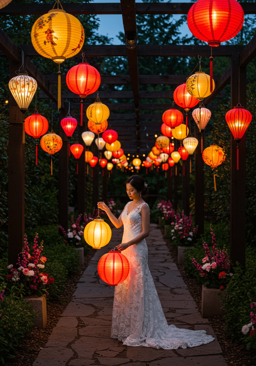 Bride in elegant white gown holding decorative paper lantern on stone path lined with colourful hanging lanterns