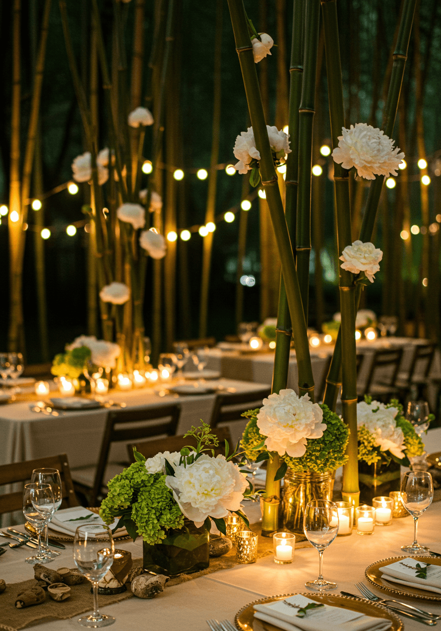 Intimate bamboo grove reception table with tall bamboo centerpieces and white peonies during twilight with string lighting