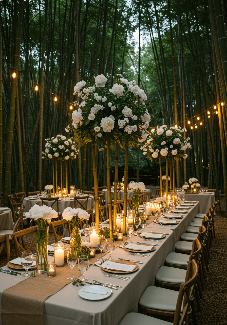 Detailed view of bamboo grove tablescape with natural chargers and cream linens surrounded by forest of bamboo