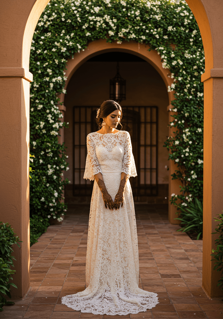 Bride with intricate henna designs wearing flowing lace dress in Mediterranean courtyard with jasmine vines and terracotta architecture