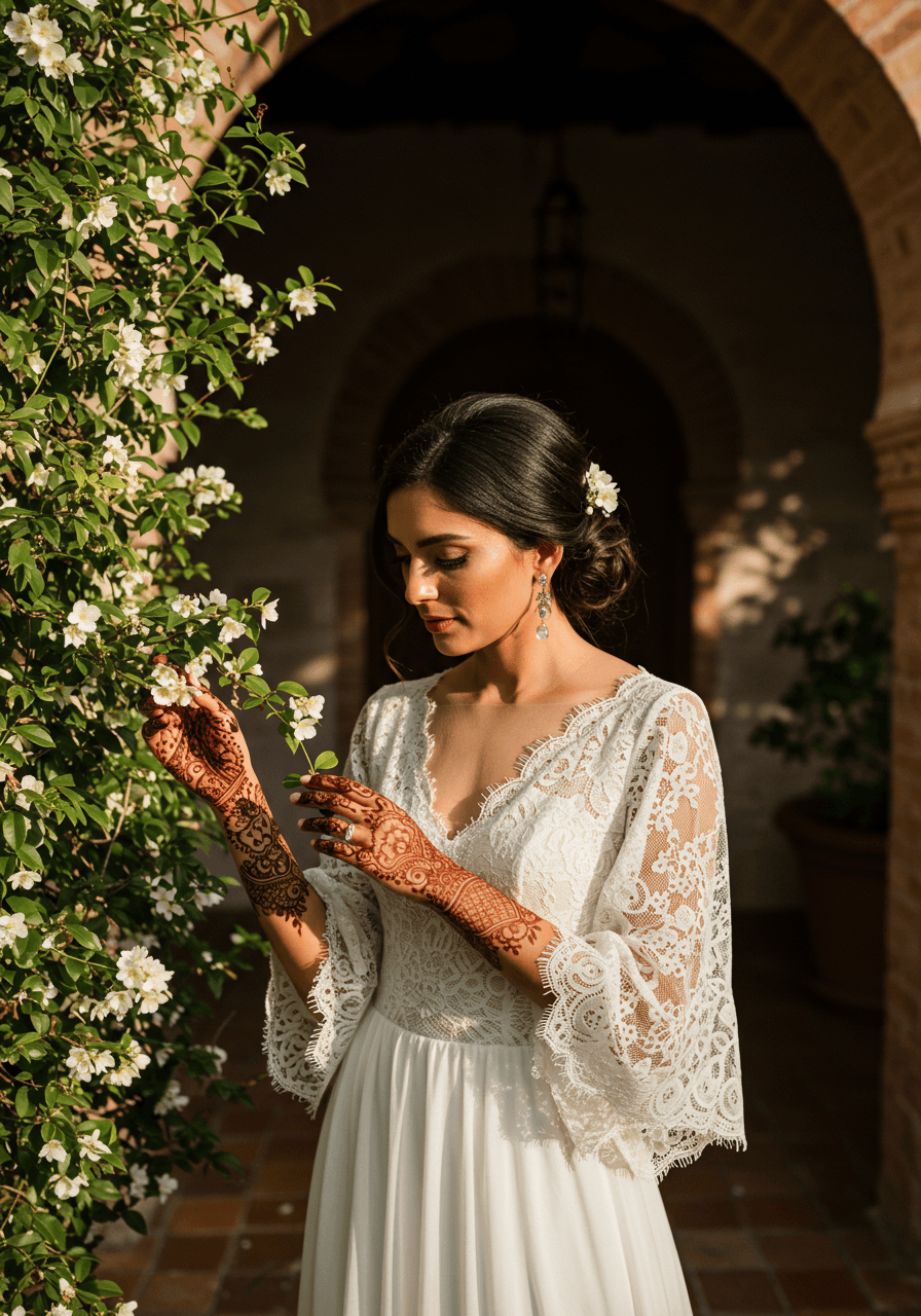 Bohemian bride with henna patterns standing among climbing jasmine in sun-drenched Mediterranean garden courtyard