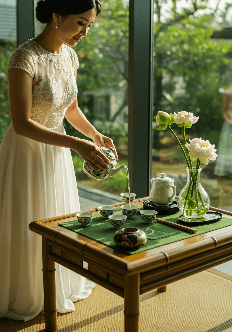 Elegant bride in white dress performing tea ceremony with ornate porcelain teapot in modern venue with zen garden views during golden hour