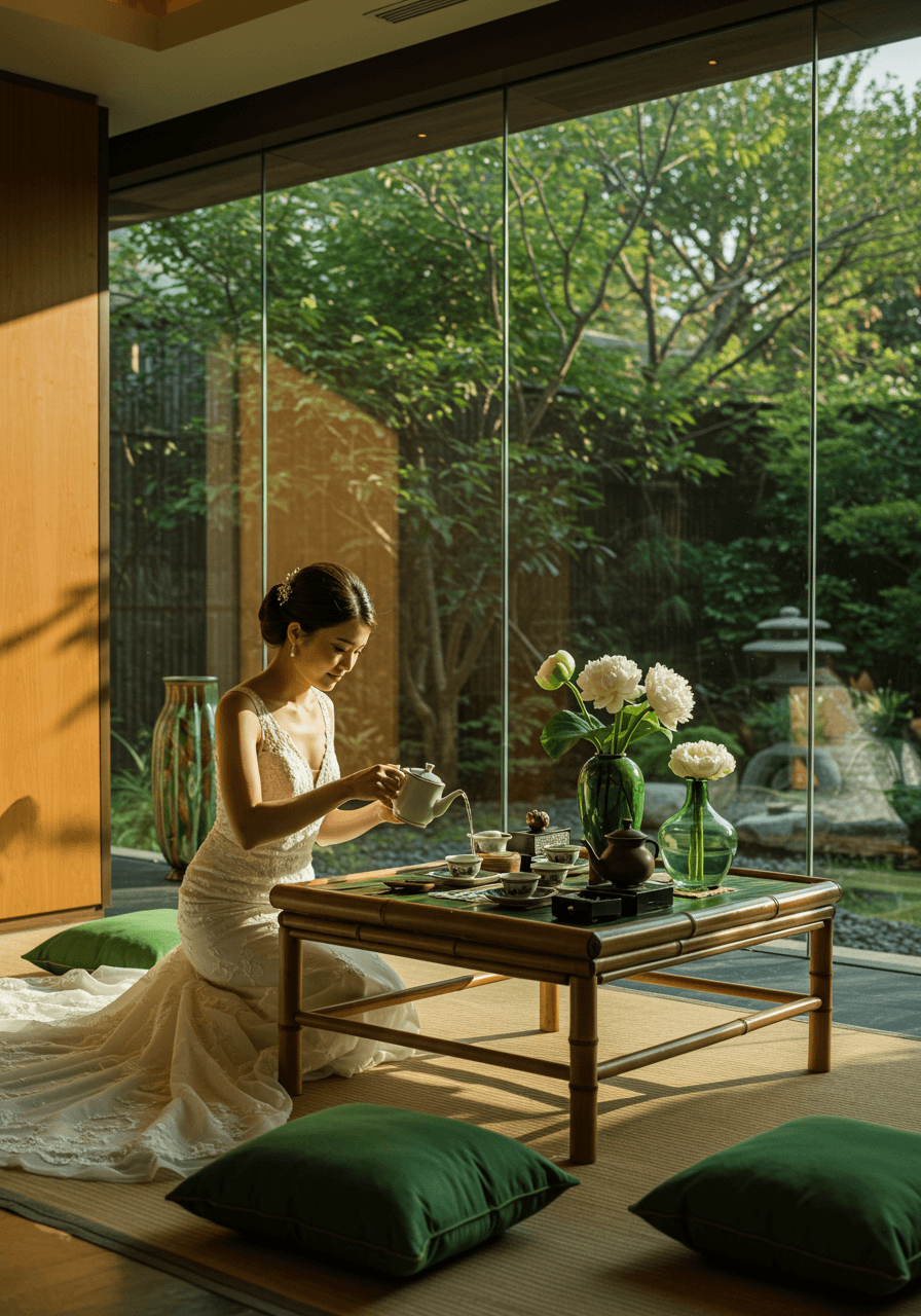 Intimate view of bride's hands pouring traditional tea with jade and ivory accents in contemporary setting with natural light