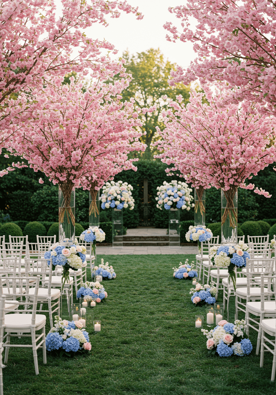 Elegant formal garden wedding ceremony with cherry blossom arrangements in tall vases and geometric pathway during golden hour