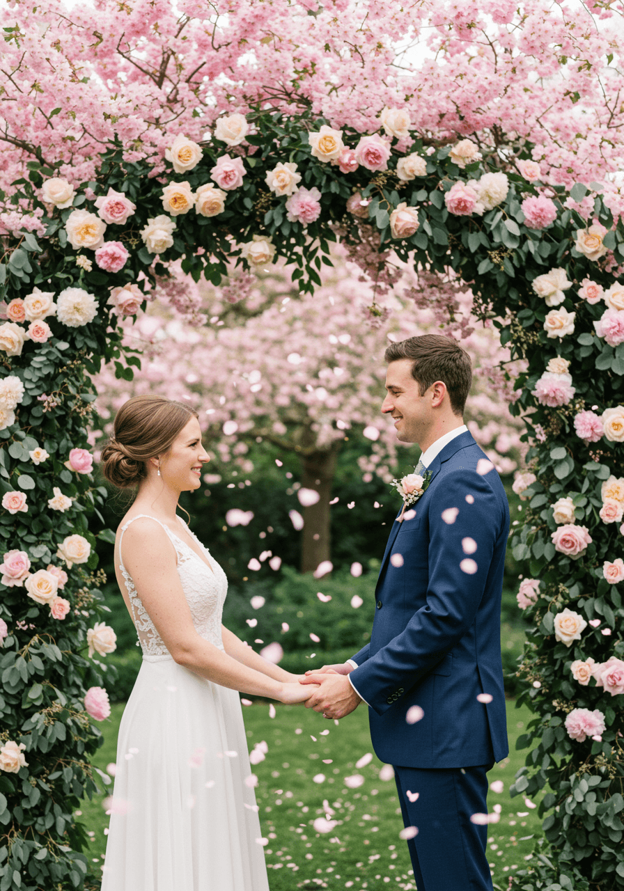 Intimate close-up of hands during cherry blossom wedding ceremony with pink and white floral archway