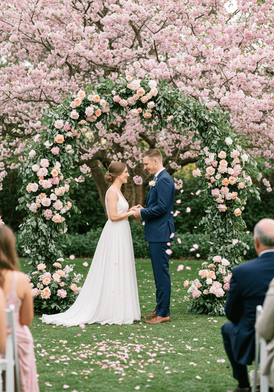 Romantic couple exchanging vows under cherry blossom archway with garden roses and eucalyptus as pink petals fall gently