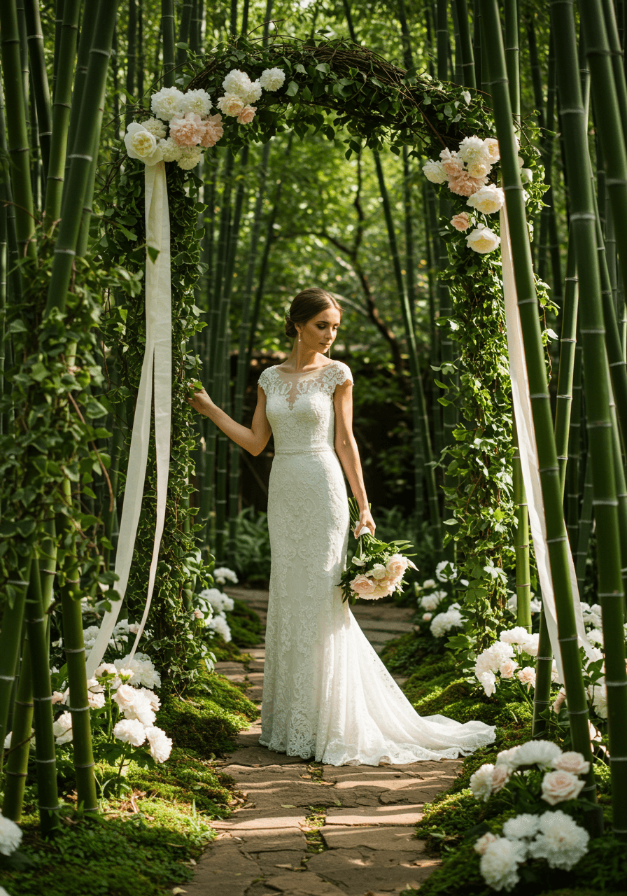 Elegant bride in flowing white gown among towering bamboo installations intertwined with white peonies during golden hour