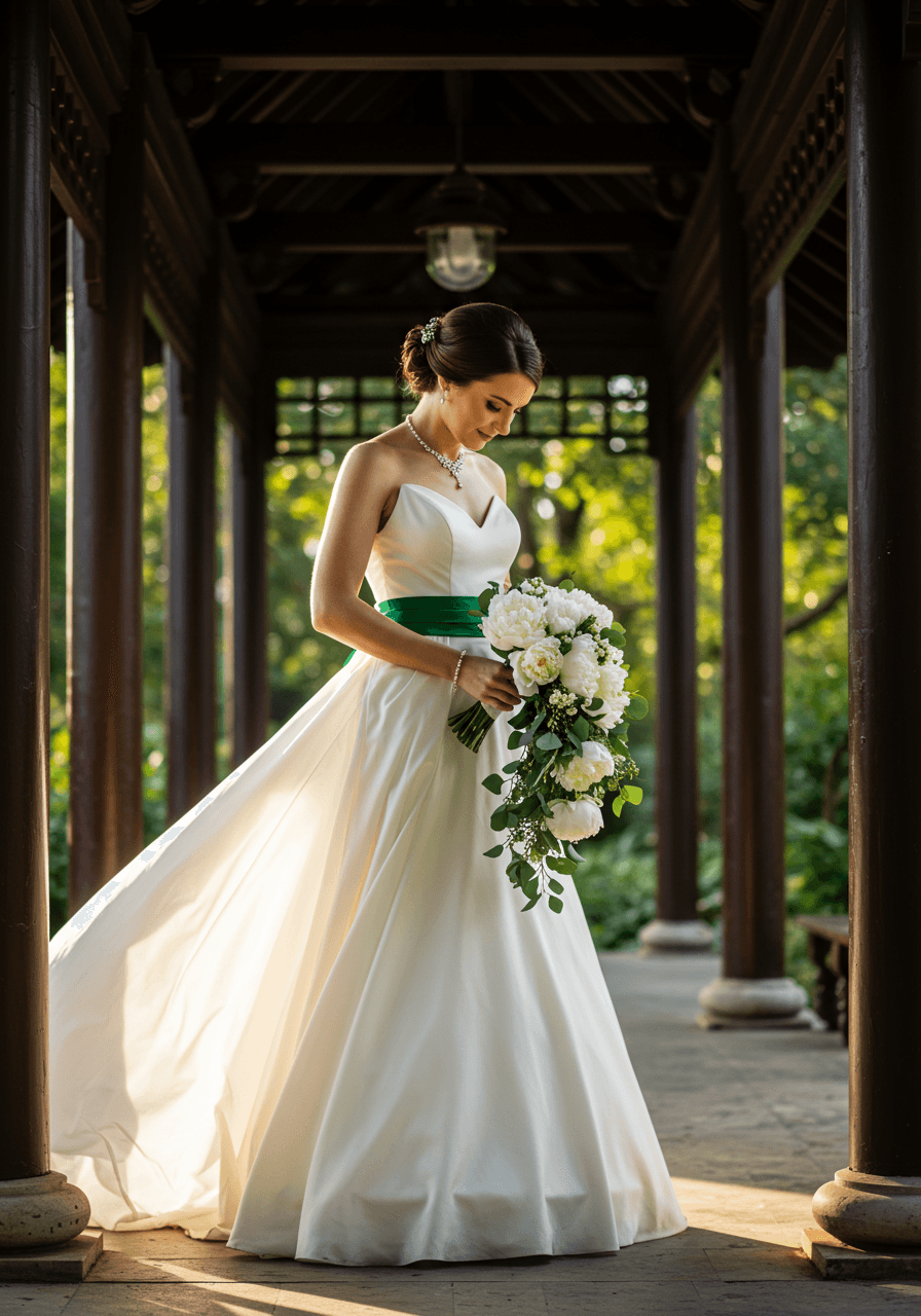 Elegant bridal portrait adjusting jade and pearl bouquet in Eastern-style garden pavilion with carved columns