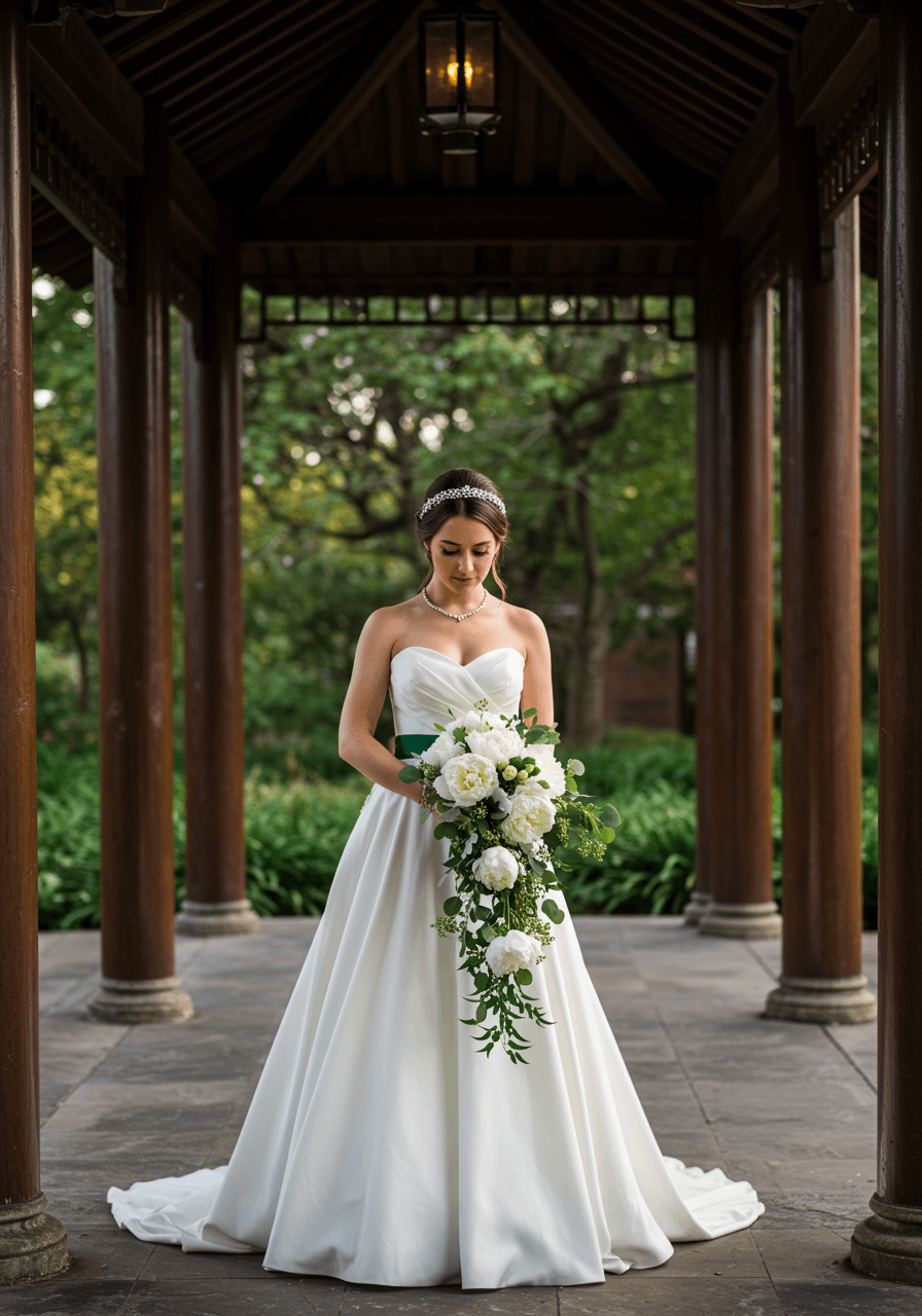 Bride in white gown with jade green sash and pearl embellishments holding white peony bouquet in garden pavilion