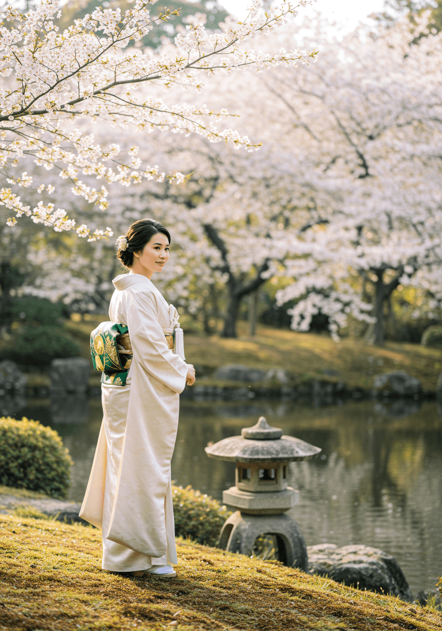 Bride in elegant ivory kimono with golden obi standing beside Japanese garden pond with cherry blossoms and stone lantern