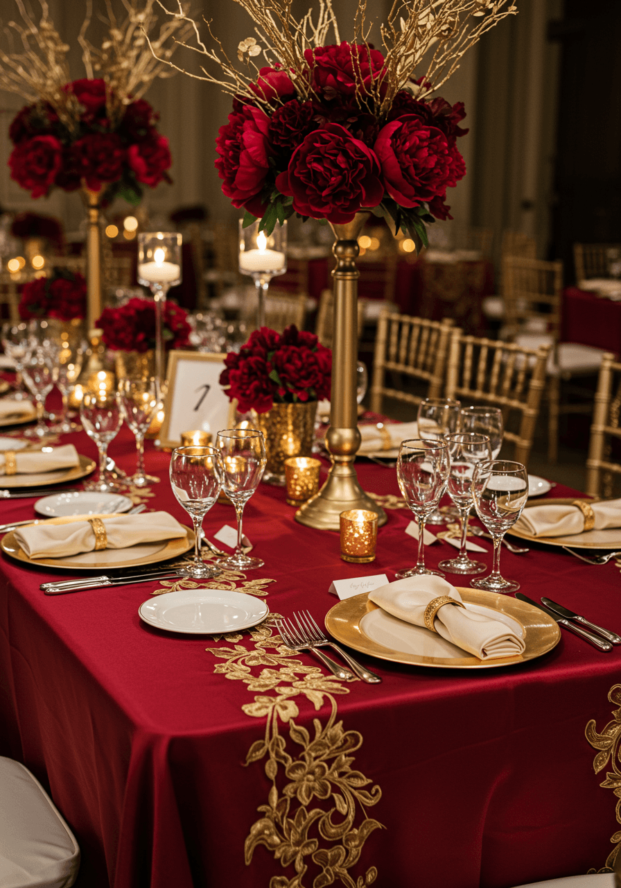 Elegant reception tablescape with red silk runners, gold embroidered details, ivory china and red peony centerpieces