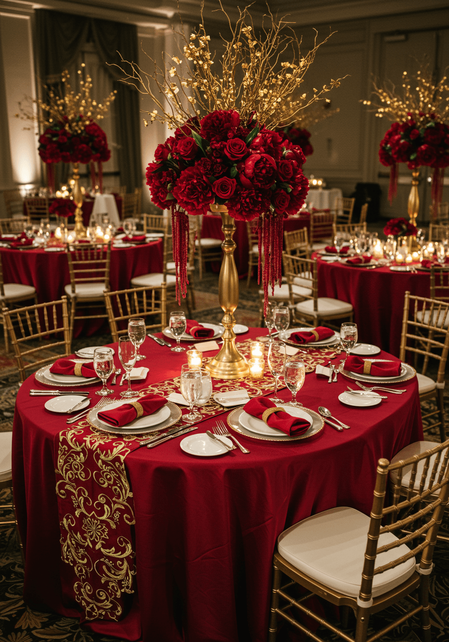 Overhead view of opulent red and gold reception table setting with crystal stemware and burgundy florals