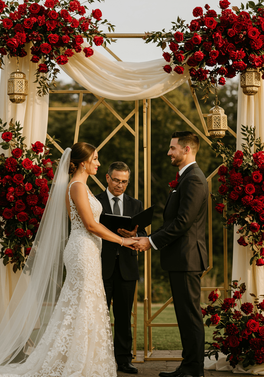 Close-up of hands during red and gold wedding ceremony with ivory silk flowing in gentle breeze