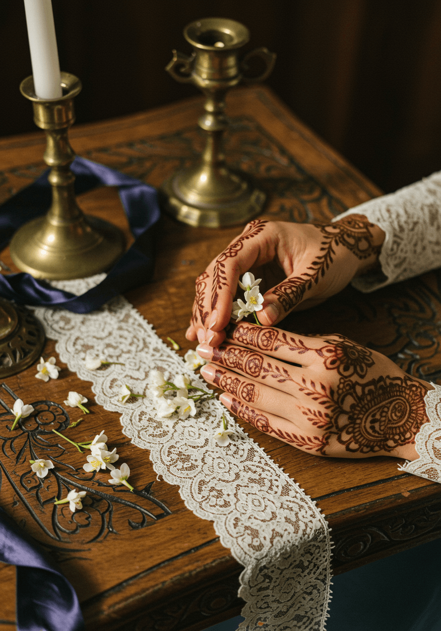 Intricate henna-decorated hands holding delicate lace fabric and jasmine flowers on ornate wooden table with brass elements